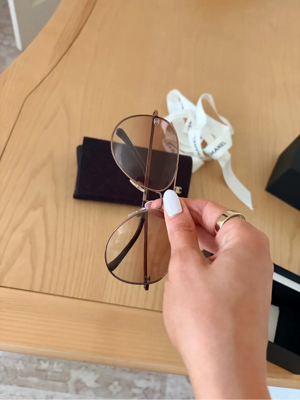 CHANEL Pink Gold Aviator Sunglasses with Beige Gradient Lenses